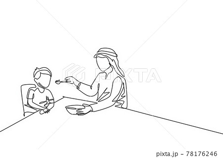 Single continuous line drawing of young Islamic father feeding food to his son at dining table at home. Arabian muslim happy family fatherhood concept. Trendy one line draw design vector illustration 78176246