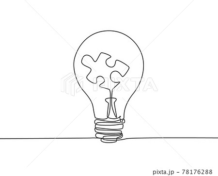 One single line drawing of lightbulb with piece of puzzle inside for creative company logo identity. Innovation idea icon concept. Trendy continuous line draw design vector illustration 78176288