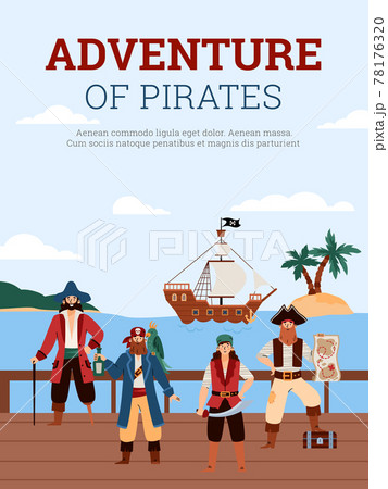 Adventure of pirates banner or poster with seascape, flat vector illustration. 78176320