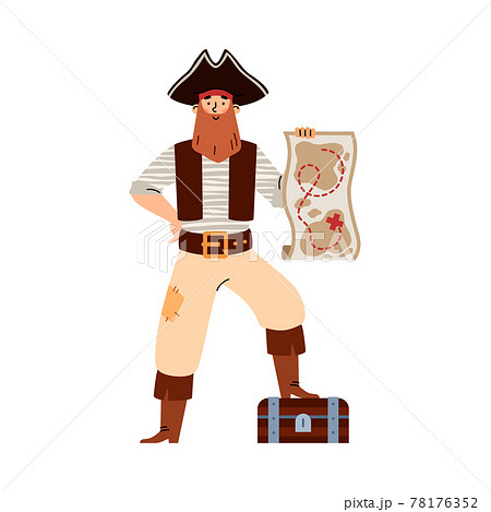 Bearded pirate with map and treasure chest, cartoon vector illustration isolated. Bearded pirate with map and treasure chest, cartoon vector illustration isolated. 78176352