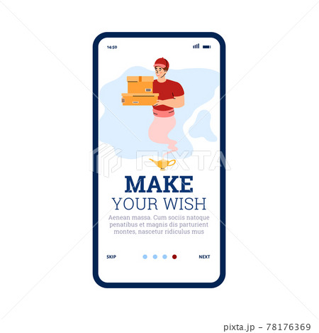 Onboarding screen for delivery services with genie, flat vector illustration. 78176369