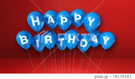 Blue happy birthday air balloons on a red background scene. Horizontal Banner 78176501