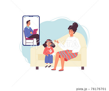 Online consultation children psychologist for patient kid girl and worried mother 78176701