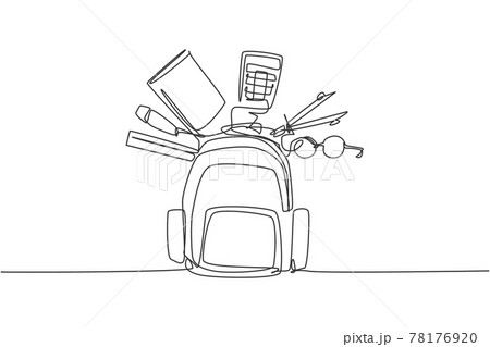 Single continuous line drawing of school bag set with glasses, calculator, book, ruler, pen. Back to school minimalist style. Education concept. Modern one line draw graphic design vector illustration Single continuous line drawing of school bag set with glasses, calculator, book, ruler, pen. Back to school minimalist style. Education concept. Modern one line draw graphic design vector illustration 78176920