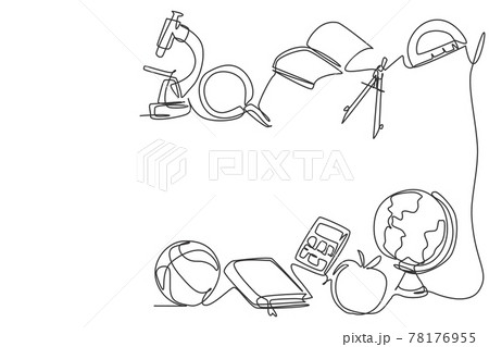 Single continuous line drawing of equipment school set such as book, globe, magnifier. Back to school minimalist style. Education concept. Modern one line draw graphic design vector illustration 78176955