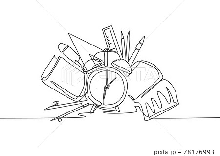 Single continuous line drawing of alarm clock with book, pencil, pen, ruler, compass set. Back to school minimalist style. Education concept. Modern one line draw graphic design vector illustration Single continuous line drawing of alarm clock with book, pencil, pen, ruler, compass set. Back to school minimalist style. Education concept. Modern one line draw graphic design vector illustration 78176993