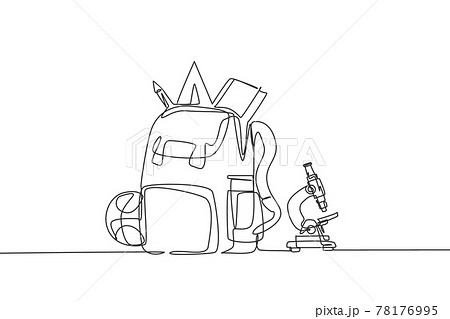 Continuous one line drawing school bag set, microscope, book, basket ball, crayon, pen. Back to school hand drawn minimalism concept. Single line draw design for education vector graphic illustration 78176995