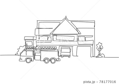 Continuous one line drawing of fire station construction building with fire engine. Basecamp for firefighter hand drawn minimalist concept. Modern single line draw design vector graphic illustration 78177016