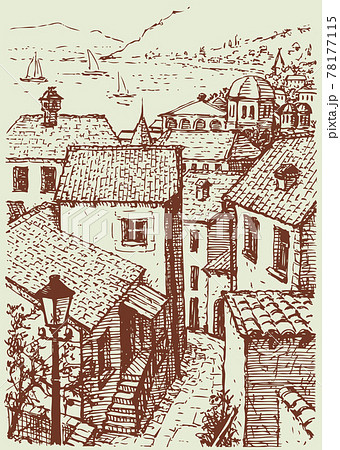Vector cityscape. Old narrow street going down to the sea Vector cityscape. Old narrow street going down to the sea 78177115