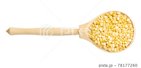 top view of raw moong dal beans in spoon isolated 78177260