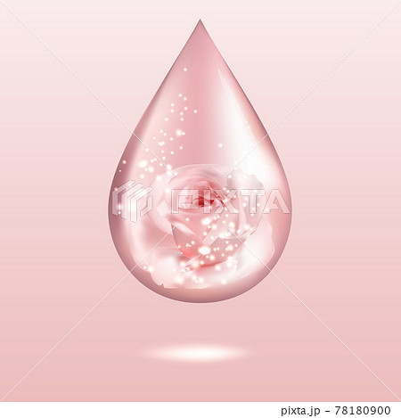 Pink rose oil drop with lights, glares and shadows. Shiny perfume water dew. Aromatherapy sign. Vector illustration. 78180900