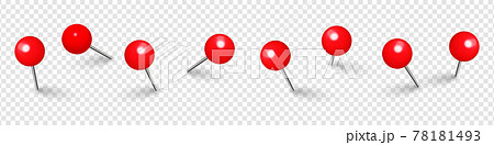 Realistic red push pins. Board tacks isolated on transparent background. Plastic pushpin with needle Realistic red push pins. Board tacks isolated on transparent background. Plastic pushpin with needle 78181493