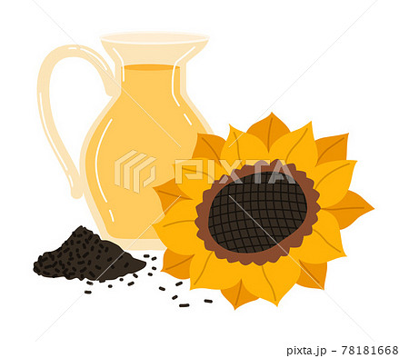 Ripe Sunflower and Jug with Oil as Seasonal Harvesting and Yield Vector Illustration Ripe Sunflower and Jug with Oil as Seasonal Harvesting and Yield Vector Illustration 78181668