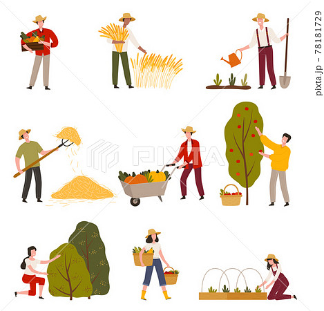 Farmers or Agricultural Workers Cultivating Plants and Gathering Crops Vector Illustration Set Farmers or Agricultural Workers Cultivating Plants and Gathering Crops Vector Illustration Set 78181729
