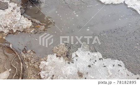 The texture of a muddy puddle with snow, ice and debris, spring snowmelt, outdoor stream The texture of a muddy puddle with snow, ice and debris, spring snowmelt, outdoor stream 78182895