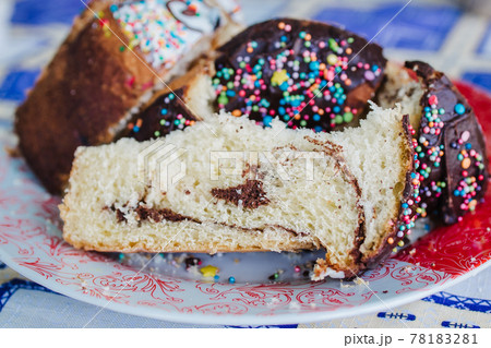 traditional Easter cake cut into chunks on a plate 78183281