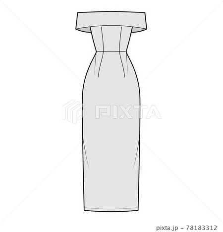 Dress off-the-shoulder Bardot technical fashion illustration with sleeveless, fitted body floor maxi length pencil skirt 78183312