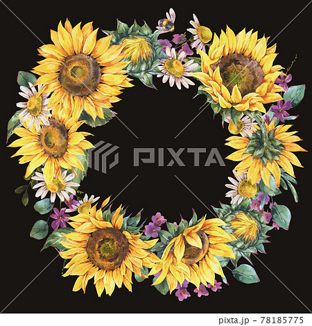 Watercolor sunflowers summer vintage wreath. Natural yellow floral frame 78185775