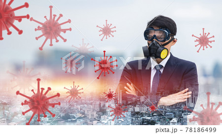 Asian businessman arms crossed wearing dust and chemical mask. Asian businessman arms crossed wearing dust and chemical mask. 78186499