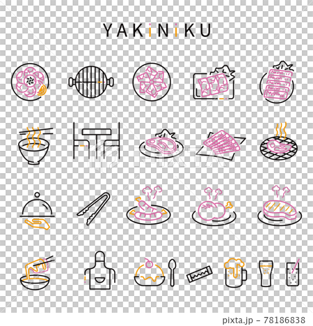 線画　3色アイコン 焼肉 黒基調 78186838