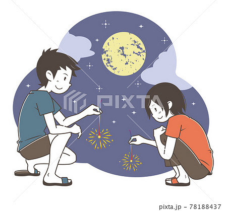 月夜に線香花火を楽しむ男女のイラスト素材