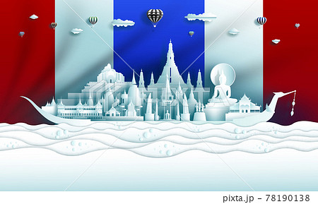 Travel Thailand top world famous city ancient palace and castle architecture. Tour landmark by Suphannahong boat to bangkok, Ayutthaya, Chiang Mai  business design with Thailand flag for advertising. 78190138