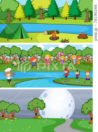 Set of different horizontal scenes background with doodle kids cartoon character 78190266