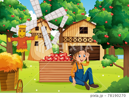 Farm scene with farmer girl harvests apples 78190270