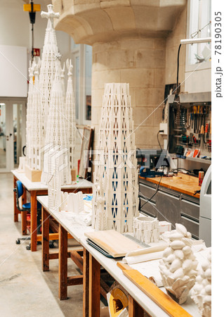 Barcelona, Spain - 15 December 2019: Architect's workshop in Sagrada Familia. Desktops and papier-mache with images. Barcelona, Spain - 15 December 2019: Architect's workshop in Sagrada Familia. Desktops and papier-mache with images. 78190305
