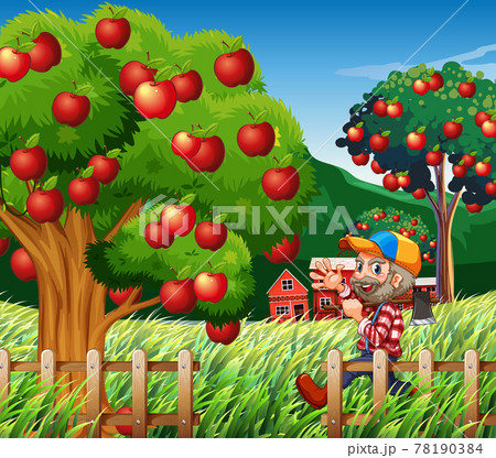 Farm scene with farmer harvests apples Farm scene with farmer harvests apples 78190384