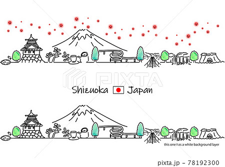 静岡県の街並みと新型コロナウイルスのシンプル線画セットのイラスト素材