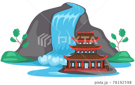 Asian building. River waterfall falls from cliff white background. Water fall streams 78192598