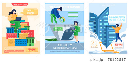 Welcome to Busan advertising banners set. Modern constructions, buildings and museums, landmarks Welcome to Busan advertising banners set. Modern constructions, buildings and museums, landmarks 78192817