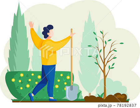 Man with shovel digging hole illustration. Gardener buries seedling in ground for planting trees 78192837