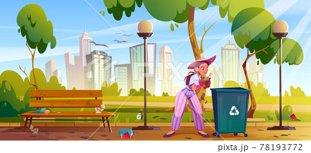 Woman clean up city park. Girl collect garbage Woman clean up city park. Girl collect garbage 78193772