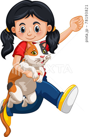 Happy girl cartoon character hugging a cute cat Happy girl cartoon character hugging a cute cat 78193821