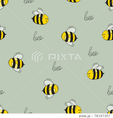 Seamless pattern with bees on color background. Small wasp. Vector illustration. Adorable cartoon character. Template design for invitation, cards, textile, fabric. Doodle style Seamless pattern with bees on color background. Small wasp. Vector illustration. Adorable cartoon character. Template design for invitation, cards, textile, fabric. Doodle style 78197307