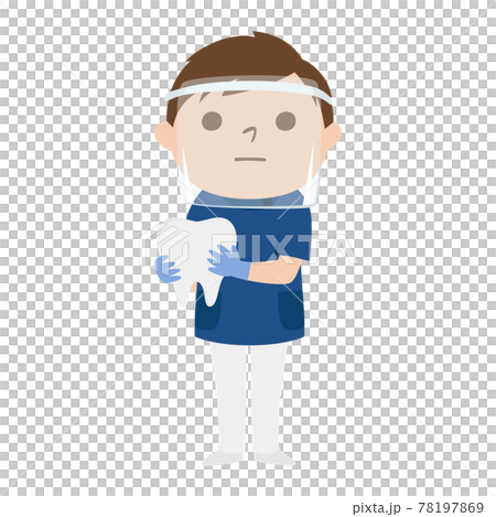 Illustration of a male dentist. A man wearing a face shield to prevent infection. 78197869
