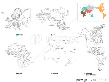 白地図－世界5地域セット-首都名入り