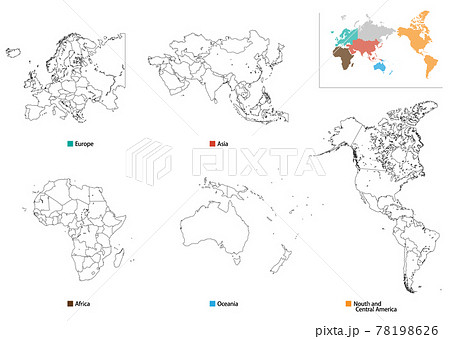 白地図－世界5地域セット-国境線入り