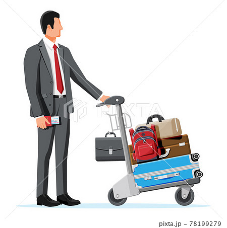 Man And Hand Truck Full Of Bags Isolated 78199279
