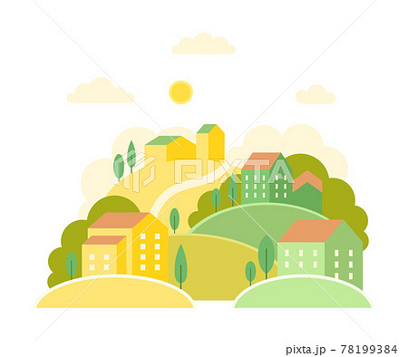 Local Landscape with Urban Houses, Hills and Trees as Cozy Scenery of Neighborhood Vector Illustration 78199384