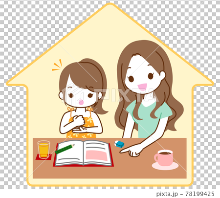 家で勉強する女の子と教える女性のイラスト素材
