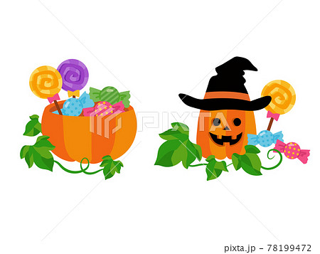 かわいいハロウィンのかぼちゃとお菓子のイラストカット 78199472