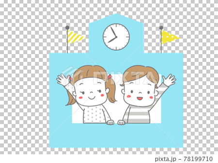 男孩和女孩從學校大樓的窗戶裡揮手致意 78199710