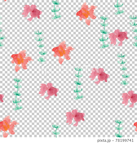 Watercolor illustration of goldfish and aquatic plants Seamless pattern 78199741