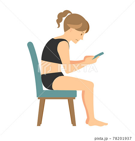 悪い座り方でスマホを見る女性のイラスト素材