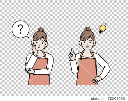 主婦 考えるポーズ 疑問 閃く アイデア 女性 上半身 イラスト素材のイラスト素材