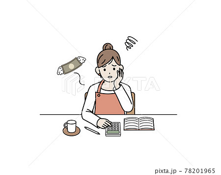 家計簿をつける主婦 赤字 出費 困る 悩む 女性 イラスト素材のイラスト素材