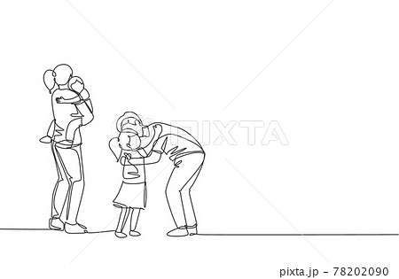 One continuous line drawing of young father hugging his daughter before go to the office while mother carrying son at home. Happy family parenting concept. Single line draw design vector illustration 78202090